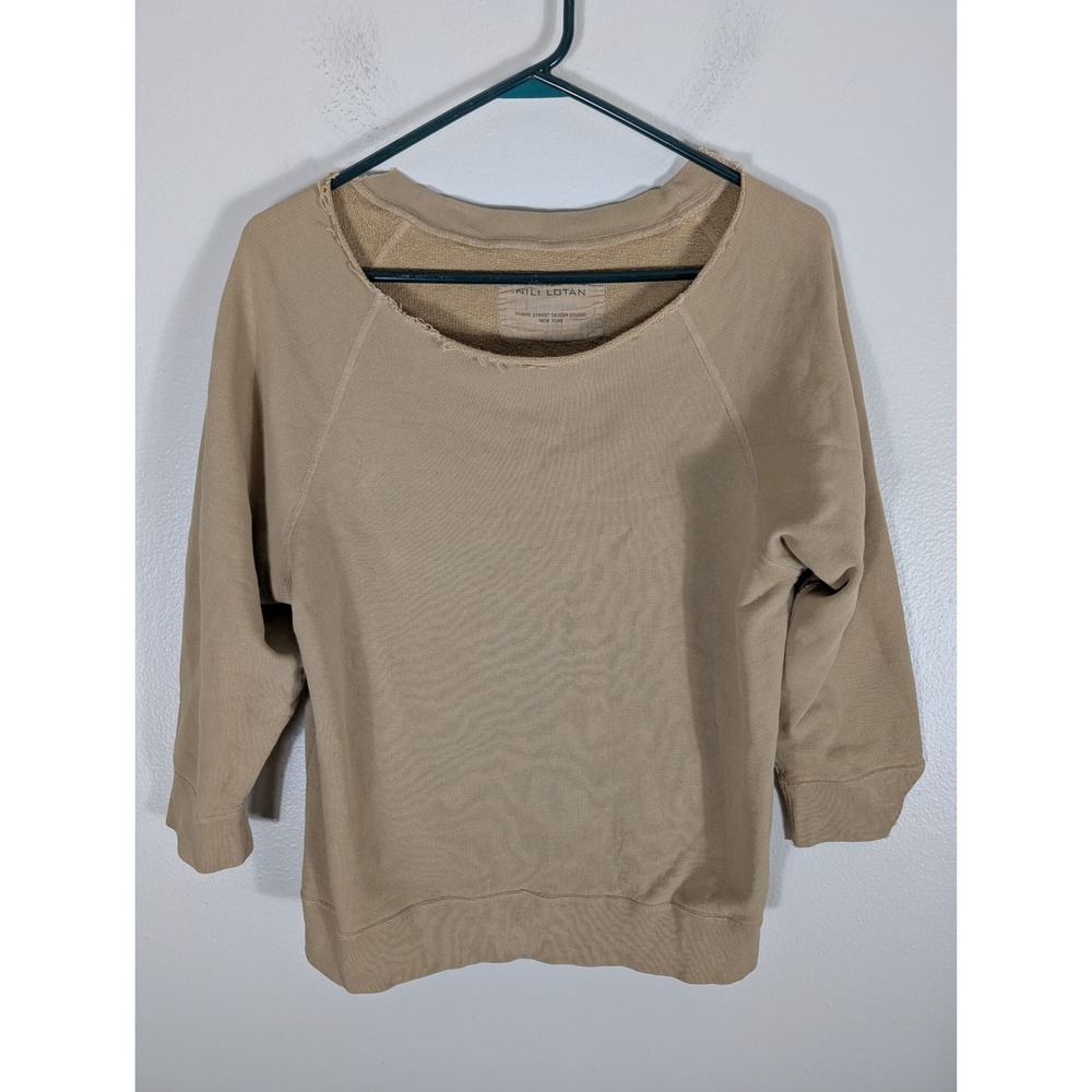 Nili Lotan Scoop Neck XS Sweatshirt Tan Beige Raw Neck 3/4 Sleeve Distressed